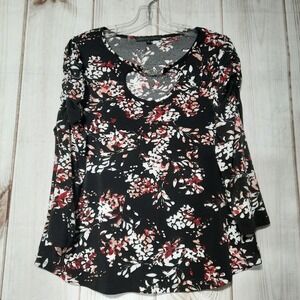 Adrienne‎ Vittadini Floral Keyhole Top Black Red White Puff Sleeve Womens Medium